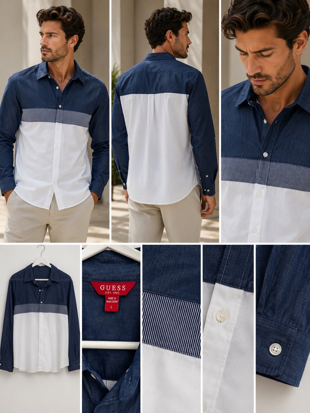 GUESS Men’s Navy and White Colorblock Dress Shirt with Gray Band